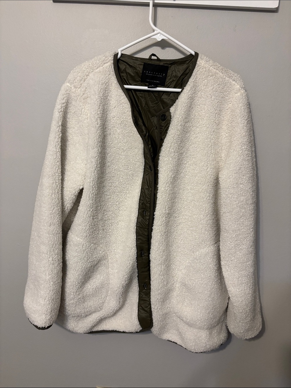 Sanctuary Cream Sherpa Jacket with Olive Trim